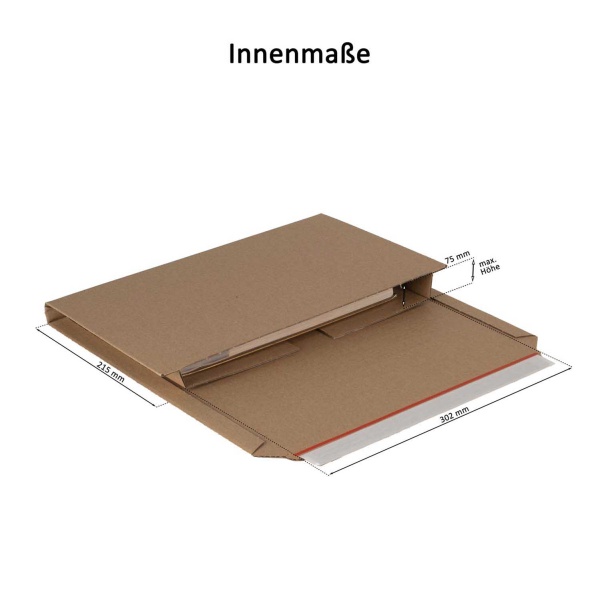 Versandverpackung mit variabler Höhe, 302 x 215 x 20 - 75 mm, Selbstklebestreifen & Aufreißfaden